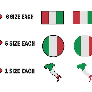 Könnte beinhalten: Sechs italienische Flaggenaufkleber in verschiedenen Größen, fünf italienische Flaggenkreisaufkleber in verschiedenen Größen und zwei italienische Kartenaufkleber in verschiedenen Größen.