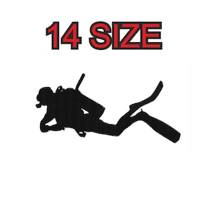Peut inclure: Silhouette noire d'un plongeur avec un réservoir et des palmes. Le texte "14 SIZE" est au-dessus du plongeur.
