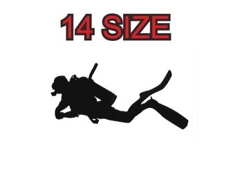 Puede incluir: Silueta negra de un buceador con tanque y aletas. El texto "14 SIZE" está por encima del buceador.