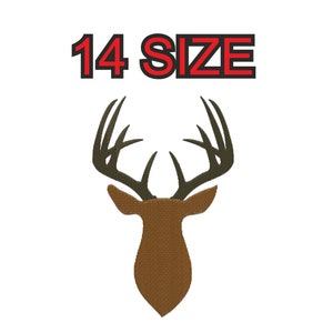 Peut inclure: Une silhouette de tête de cerf brune avec de grands bois. Le texte "14 SIZE" est au-dessus de la tête de cerf.
