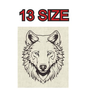 Pode incluir: Um desenho de linha preto e branco de uma cabeça de lobo em um fundo de linho bege. Os olhos do lobo estão abertos e ele está olhando diretamente para o espectador.