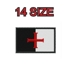 Peut inclure: Patch brodé noir et blanc avec une croix rouge. Le patch a une bordure noire et le texte "14 SIZE" est écrit au-dessus du patch.
