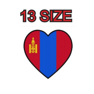 May include: A heart-shaped patch featuring the flag of Mongolia with vertical red, blue, and red stripes and a yellow Soyombo symbol on the left side. The text 13 SIZE is printed in black with a red outline above the heart-shaped flag design.