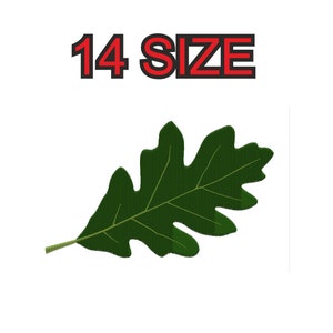 May include: A green oak leaf with a prominent central vein and a serrated edge. The leaf is isolated on a white background. The text "14 SIZE" is displayed above the leaf.