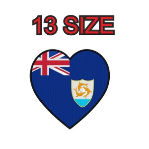 May include: A heart-shaped patch with the flag of the Turks and Caicos Islands. The flag is blue with a white Union Jack in the upper left corner and the coat of arms of the Turks and Caicos Islands in the lower right corner. The text "13 SIZE" is above the patch.