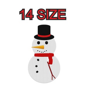 Peut inclure: Un bonhomme de neige blanc avec un chapeau haut de forme noir, une écharpe rouge et un nez de carotte orange. Le texte "14 SIZE" est au-dessus du bonhomme de neige.
