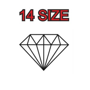 以下が含まれることがあります： 赤と黒の「14 SIZE」の文字が入った、白黒のダイヤモンドのグラフィック。 ダイヤモンドは、白い背景に対して、複数のファセットを持つ幾何学的な形状です。