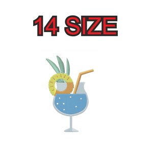Peut inclure: Un verre à cocktail bleu avec une garniture d'ananas et une paille. Le texte "14 SIZE" est au-dessus du verre.