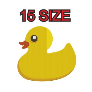 Peut inclure: Un canard en caoutchouc jaune avec un bec rouge et des yeux noirs. Le canard est de 15 tailles.