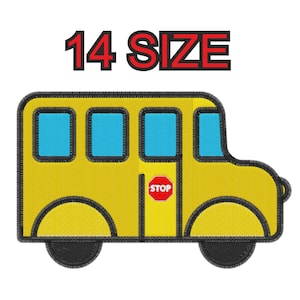 May include: Yellow school bus embroidery with black outlines, blue windows, and a red and white stop sign. The text "14 SIZE" is above the bus in red and black. The bus has black wheels.