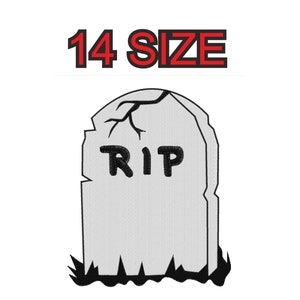 May include: A black and white embroidery design of a tombstone with the words "RIP" on it. The tombstone is cracked and has a small branch growing out of it. The tombstone is sitting on a bed of grass.