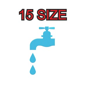 Peut inclure: Un robinet bleu avec une poignée et deux gouttes d'eau bleues qui tombent du bec. Le texte "15 SIZE" est au-dessus du robinet.