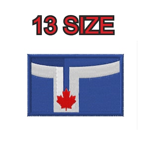 May include: Embroidered patch featuring a blue background with a white T shape and a red Canadian maple leaf in the center. The text "13 SIZE" is above the patch.