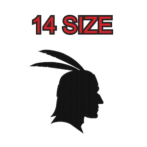 Peut inclure: Silhouette noire d'une personne portant une coiffe à plumes. Le texte "14 SIZE" est au-dessus de la silhouette.