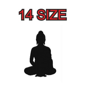 Puede incluir: Silueta negra de una figura de Buda sentada en una postura meditativa. La imagen incluye el texto "14 SIZE".