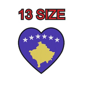 Peut inclure: Un patch en forme de cœur bleu avec le drapeau du Kosovo. Le drapeau présente un contour jaune de la carte du pays et six étoiles blanches.