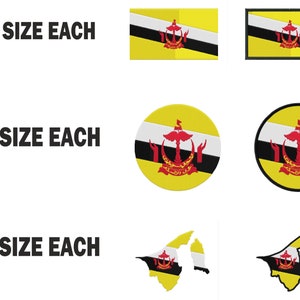 May include: Six different sizes of Brunei flag patches, five different sizes of Brunei flag round patches, and one size of Brunei flag outline patches.  The patches are yellow, black, and white with a red emblem in the center.