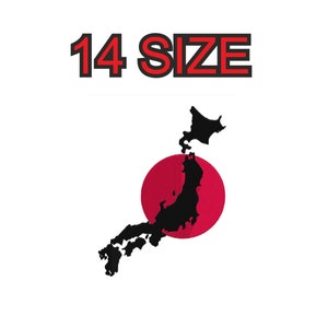 May include: A black silhouette of the islands of Japan, with a red circle in the centre, and the text "14 SIZE" above.