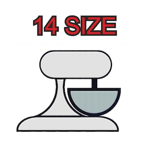 May include: A black and white illustration of a stand mixer with a bowl. The text "14 SIZE" is above the mixer.