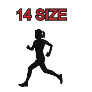 Peut inclure: Silhouette d'une personne courant, avec le texte "14 SIZE" au-dessus.