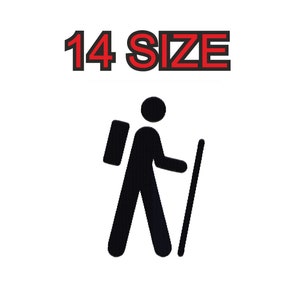 Puede incluir: Silueta negra de una persona haciendo senderismo con una mochila y un bastón de senderismo. El texto "14 SIZE" está encima de la imagen.