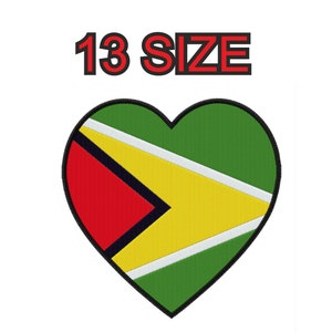 Peut inclure: Un patch en forme de cœur avec le drapeau du Guyana. Le drapeau présente un fond vert avec une flèche jaune pointant vers la gauche, un triangle rouge et une bande blanche.