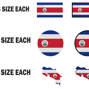 Puede incluir: Un conjunto de diseños de banderas de Costa Rica en varias formas y tamaños. Hay 6 diseños de banderas en forma rectangular, 5 en forma circular y 1 en forma de mapa. El texto "6 SIZE EACH", "5 SIZE EACH" y "1 SIZE EACH" se muestra junto a cada conjunto de diseños.