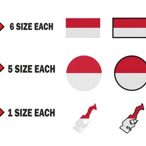 Op de afbeelding: Zes verschillende maten van de vlag van Monaco, zes verschillende maten van een cirkel met de vlag van Monaco, en één maat van de omtrek van Monaco met de vlag van Monaco erin.