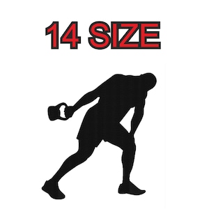 Peut inclure: Silhouette d'une personne soulevant un kettlebell, avec le texte "14 SIZE" au-dessus.