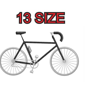 Peut inclure: Vélo noir avec des roues argentées et un guidon noir. Le texte "13 SIZE" est au-dessus du vélo.