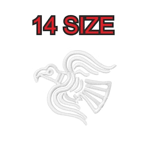 Puede incluir: Diseño bordado en blanco de un pájaro estilizado con el texto "14 SIZE" arriba.