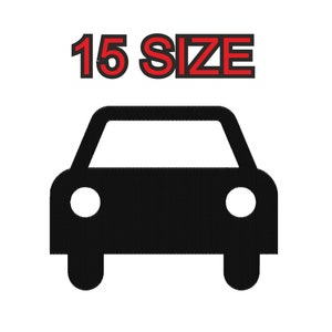 Peut inclure: Silhouette noire d'une voiture avec le texte "15 SIZE" en rouge au-dessus.