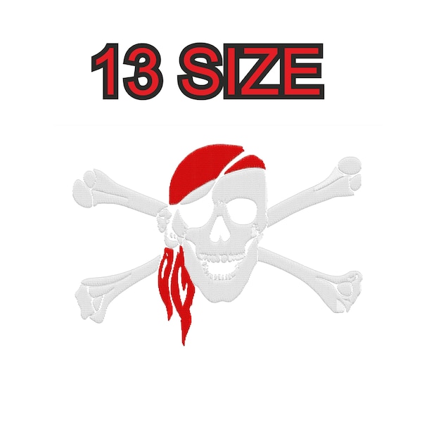 Embroidery design pirate jack rackham jolly roger red bandana Multiple size instant download files patterns digital machine stitch pes dst…
