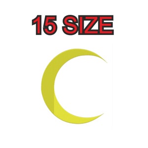 Peut inclure: Une forme de croissant de lune jaune, avec une surface texturée, sur un fond blanc. Le texte "15 SIZE" est au-dessus de la forme de la lune.