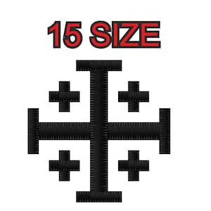 May include: Black embroidered patch of a cross with four smaller crosses on each arm. The text "15 SIZE" is above the cross.