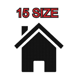 Peut inclure: Silhouette noire d'une maison avec un toit blanc et une cheminée. Le texte "15 SIZE" est au-dessus de la maison en rouge.