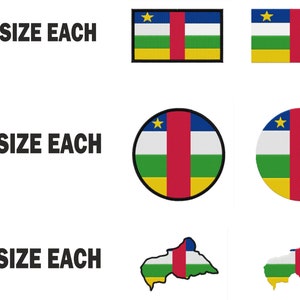 Peut inclure: Six patchs de drapeau de la République centrafricaine de différentes tailles et formes, cinq patchs circulaires et un contour du pays. Le texte "6 SIZE EACH", "5 SIZE EACH" et "1 SIZE EACH" est affiché à gauche de chaque ensemble de patchs.