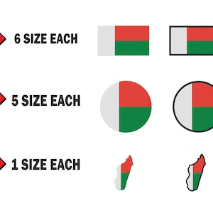 Peut inclure: Un ensemble d'autocollants du drapeau de Madagascar de différentes formes et tailles. Il y a 6 autocollants rectangulaires, 5 autocollants circulaires et 1 contour du pays de Madagascar. Les autocollants sont en rouge, blanc et vert.