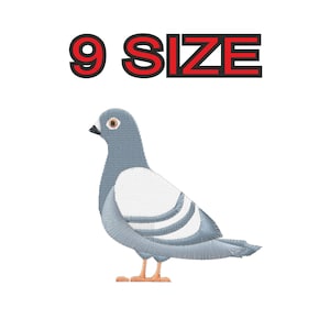 Peut inclure: Un pigeon brodé en gris et blanc avec un œil rouge. L'image comprend le texte "9 SIZE" en rouge et noir.