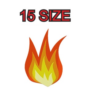 Peut inclure: Un motif de flamme rouge et jaune avec le texte "15 SIZE" au-dessus.