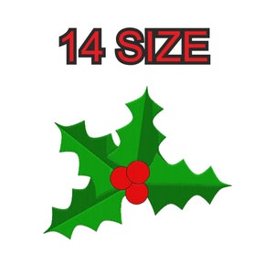 Peut inclure: Un brin de houx vert avec trois baies rouges. Le texte "14 SIZE" est au-dessus du brin.