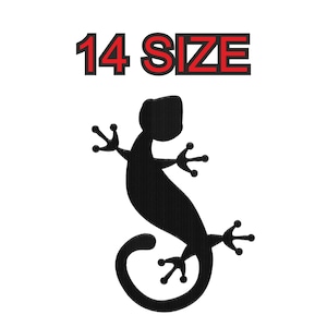 May include: Black silhouette of a gecko with the text "14 SIZE" above it.