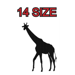 Peut inclure: Silhouette noire d'une girafe avec le texte "14 SIZE" au-dessus.
