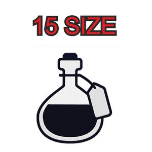 Peut inclure: Illustration en noir et blanc d'une bouteille en verre avec un bouchon en liège et une étiquette. La bouteille est remplie d'un liquide foncé. Le texte "15 SIZE" est au-dessus de la bouteille.