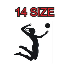 Peut inclure: Silhouette d'une joueuse de volley-ball en train de smasher un ballon. L'image comprend le texte "14 SIZE".