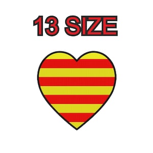 Puede incluir: Un corazón rojo y amarillo con 13 rayas. El corazón está rodeado de negro. El texto "13 SIZE" está por encima del corazón.