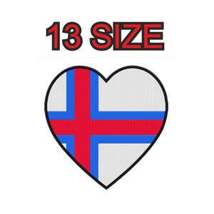 May include: A heart-shaped design featuring the flag of the Faroe Islands, with a red Nordic cross on a white background, outlined in black. The text "13 SIZE" is above the heart in red letters with a black outline.