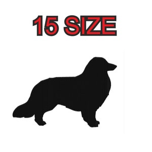 Peut inclure: Silhouette noire d'un chien, peut-être un Collie, debout sur un fond blanc. Le texte "15 SIZE" est au-dessus du chien.