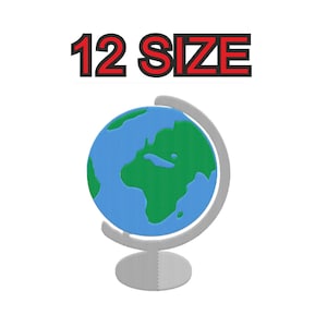 May include: A blue and green globe on a grey stand with the text "12 SIZE" in red.
