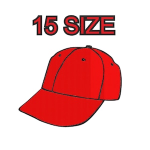 Peut inclure: Casquette de baseball rouge avec une visière noire et des coutures noires. La casquette porte l'inscription "15 SIZE".